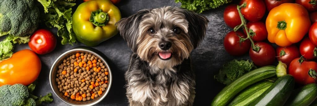 Adorable small dog surrounded by healthy vegetables, dog food, promoting healthy pet nutrition. Symbolizes health, vitality, nutrition, happiness, and well-being.